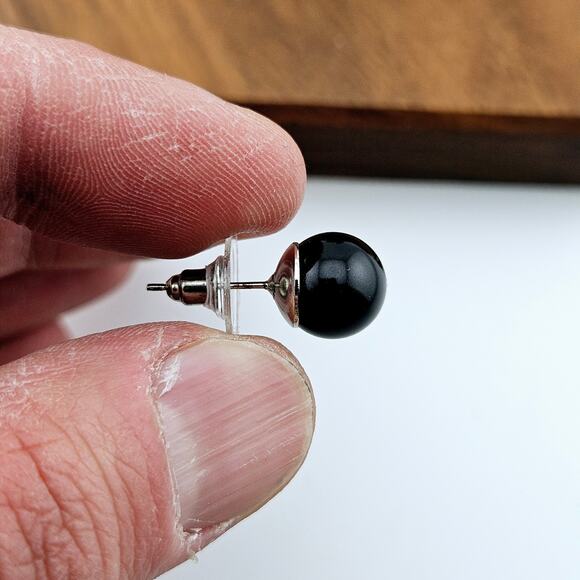 Glossy Black Round Post Earrings Silver Tone Back Stud Contemporary Minimalist - Picture 4 of 5